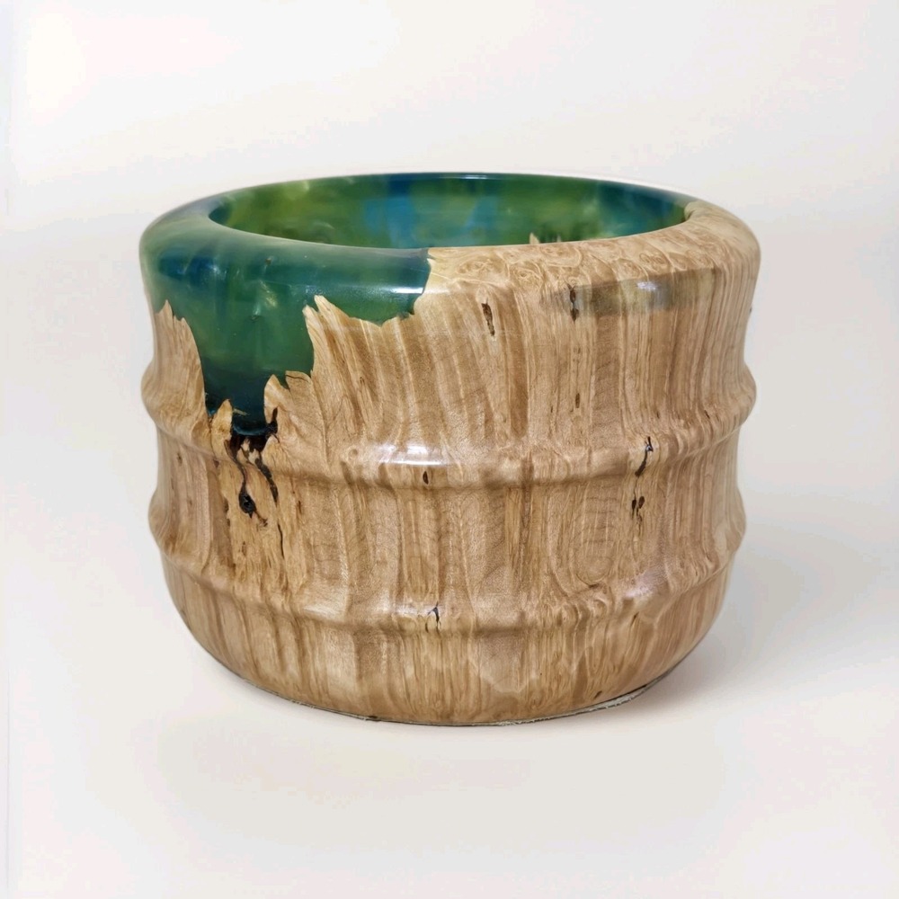 Handcrafted Maple Burl Wood Green Epoxy Resin Hand Crafted Vase Vessel Planter